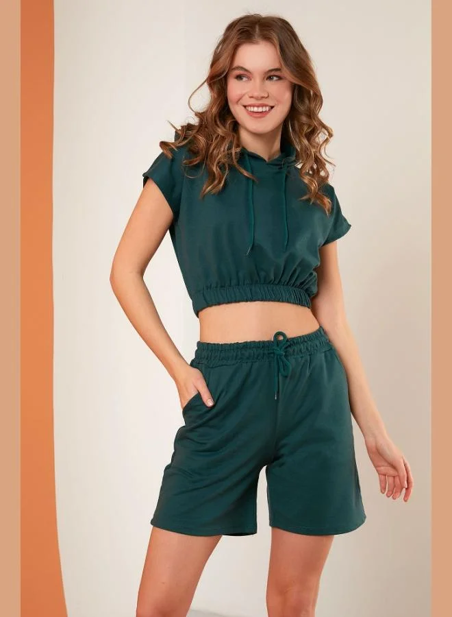 Lela Lela Cotton Hooded Pocketed Crop Top and Bottom Set for Women SET 5864922